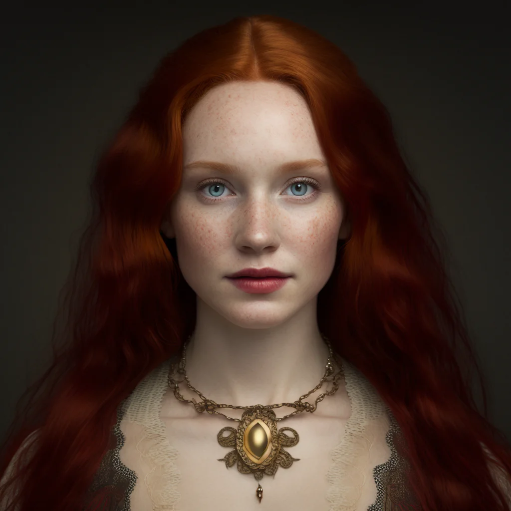A stunningly photo-realistic portrait of a young woman with long, fiery red hair and pale complexion, wearing a striking gold necklace adorned with a large ruby gemstone. The woman is centered in the frame and directly facing the camera with a perfectly symmetrical face, embodying the ideal human form. The portrait is captured with an 85mm lens at f8, allowing for ultra-details in the photograph. The natural light illuminates the woman's face and highlights her realistic eyes, while the dark background creates a dramatic effect. In the background, a blurred view of trees can be seen, adding depth to the photo. 