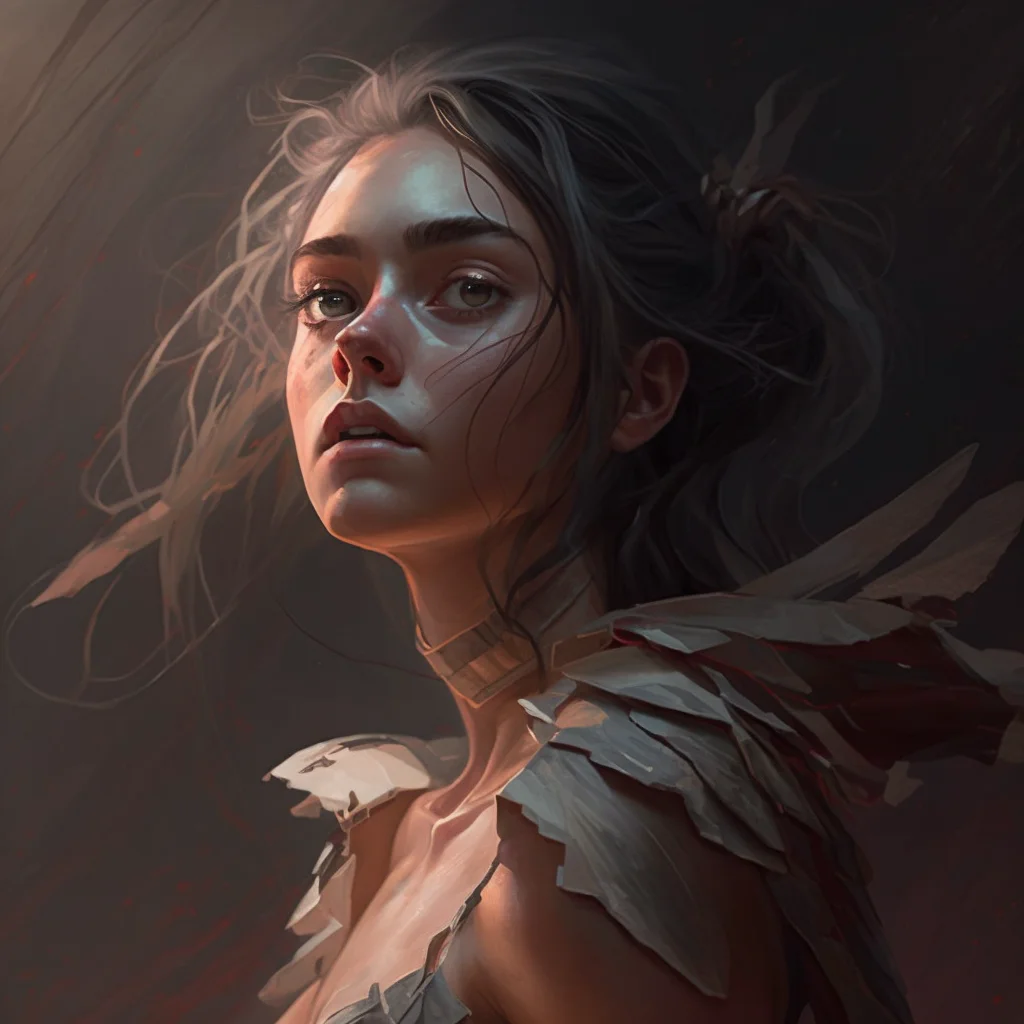 A highly detailed and dynamic digital painting with a cinematic concept art style. It features a young woman in a dramatic pose with precise, correct anatomy. The artwork has a trending aesthetic on ArtStation and uses subtle, muted colors to create a cinematic atmosphere