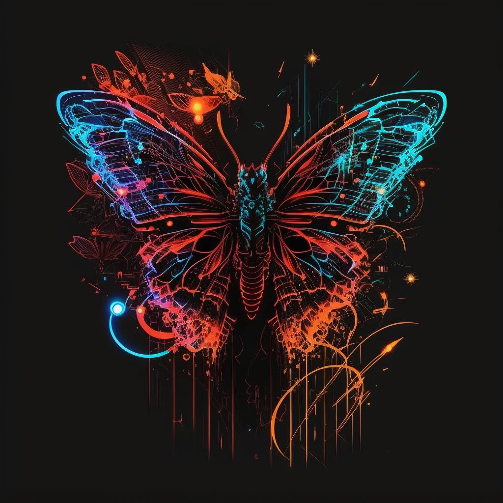 "Butterfly Effect" - Futuristic, Sci-Fi, Neon lighting T-shirt design graphic, vector, contour, white background -