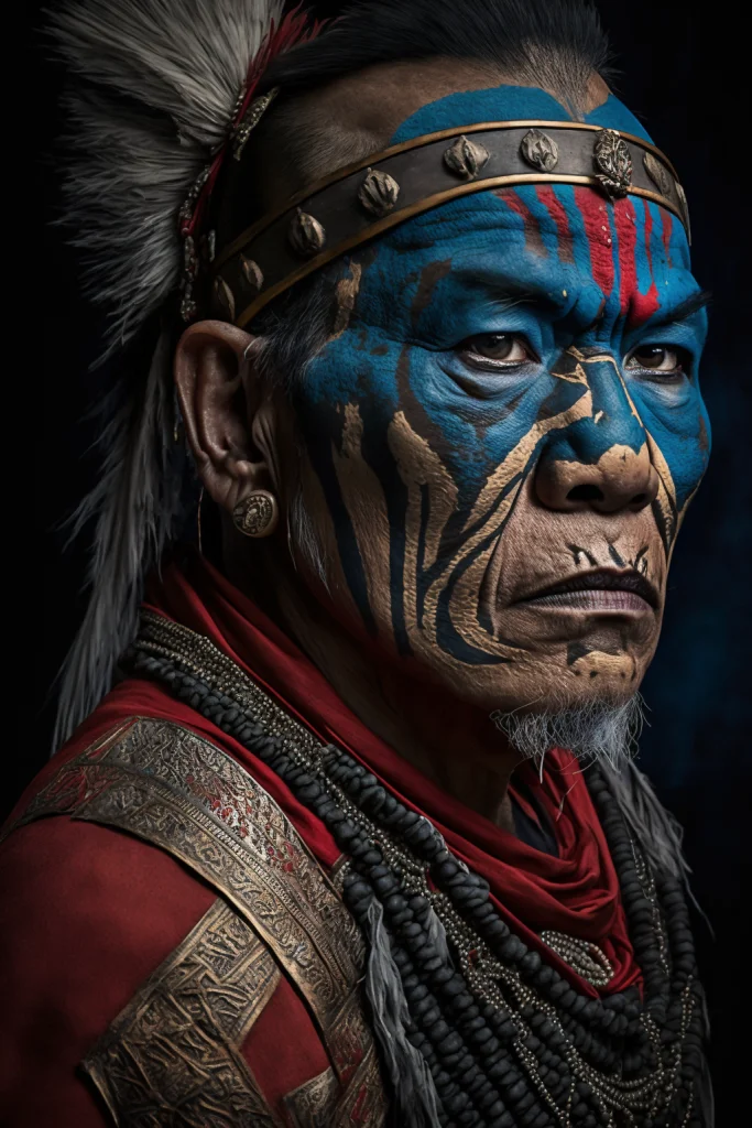 image of an old Asian warrior chief with tribal panther-style makeup, featuring the colors blue on red. The portrait should be a side profile with the chief looking away, displaying a serious gaze. Use a 50mm portrait photography lens with hard rim lighting photography-beta. The image should reflect a particular art style. --ar 2:3